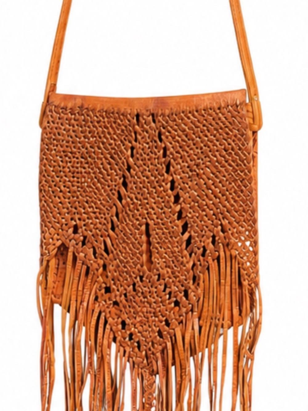 Vintage Cognac Leather Woven Fringe Bag